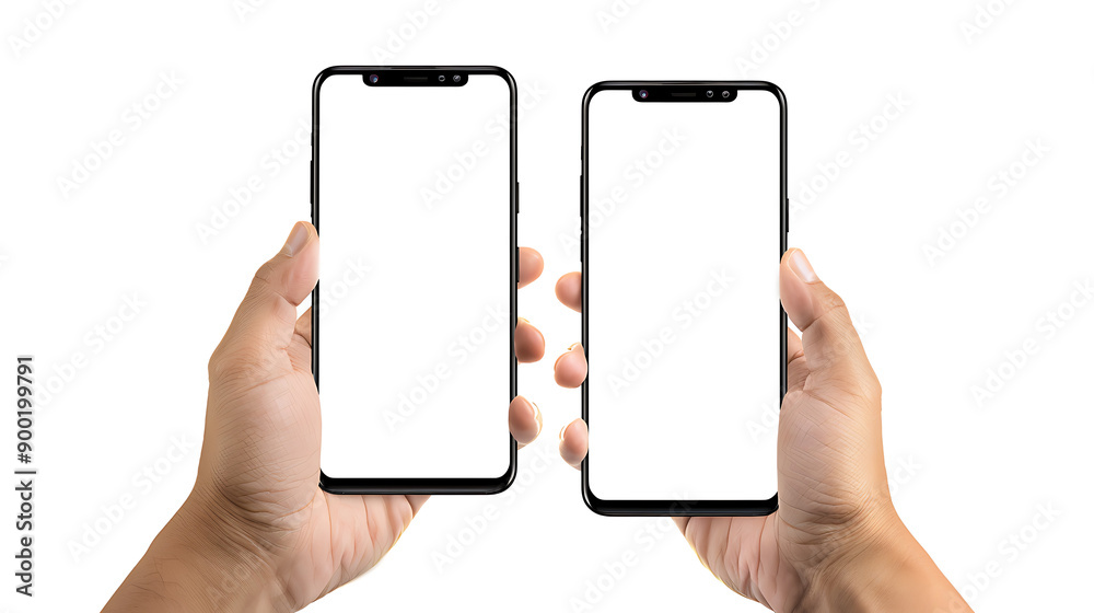 Poster Hand holding the black smartphone with blank screen and modern frame less design on yellow colour background