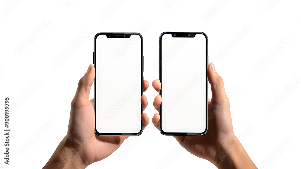 Poster Hand holding the black smartphone with blank screen and modern frame less design on yellow colour background
