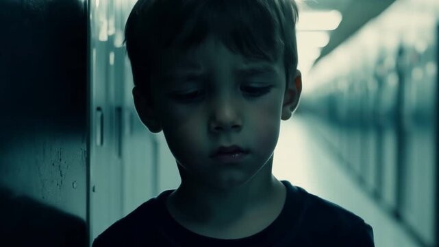 Little boy at school, sitting by himself and feeling depressed