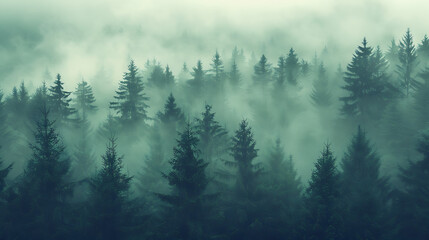 Fototapeta premium Misty landscape with fir forest in hipster vintage retro style
