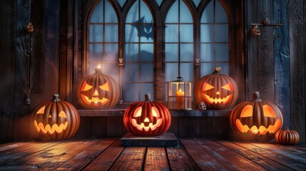 Spooky Halloween scene with carved pumpkins glowing in front of gothic windows. Perfect autumn decoration for a haunted festive ambiance.