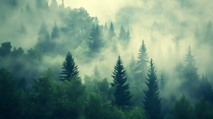 Fototapeta premium Misty landscape with fir forest in hipster vintage retro style