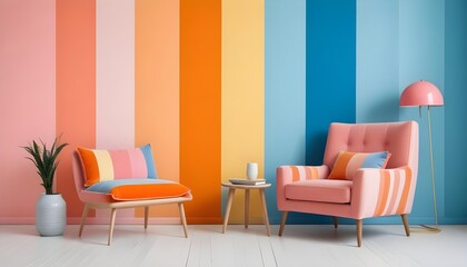 Modern living room with a pink armchair, a small side table, and a colorful striped wall in pastel shades of orange, yellow, and blue