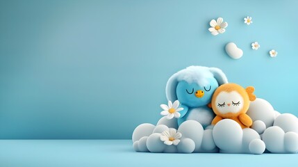 Obraz premium Cute and Cozy Plush Animal Toys on Sky Blue Background