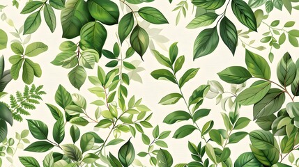 A vibrant and detailed illustration of various green leaves arranged on a light background, perfect for nature-themed designs and projects. 