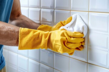 Person wearing yellow gloves cleaning white tile with a cloth - Powered by Adobe