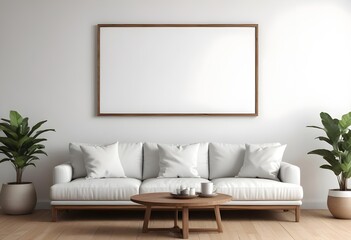 Minimalist living room with a large white sofa, wooden coffee table, and a blank framed wall art