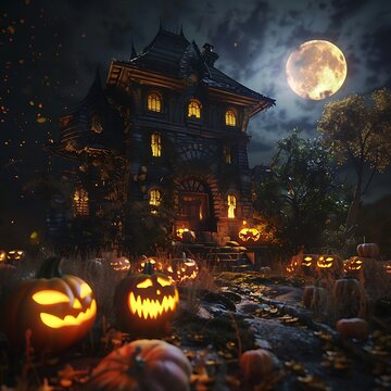 Spooky Haunted House with Glowing Pumpkins Under Full Moon