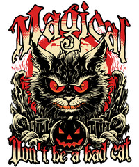 Halloween Magical Bad Cat And Evil Pumpkin  - Halloween Horror Graphic T-Shirt Design