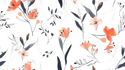 A vibrant floral pattern featuring delicate orange flowers and greenery on a light background, perfect for various design projects. 