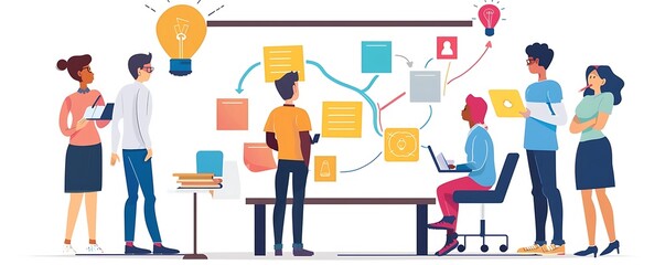 A diverse group of professionals brainstorming collaboratively at a modern workspace, showcasing creativity and teamwork.