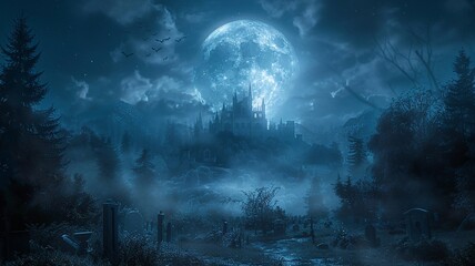 Mysterious full moon over a Gothic castle, dense fog rolling through an ancient cemetery, creating a haunting Halloween atmosphere, high resolution realistic.