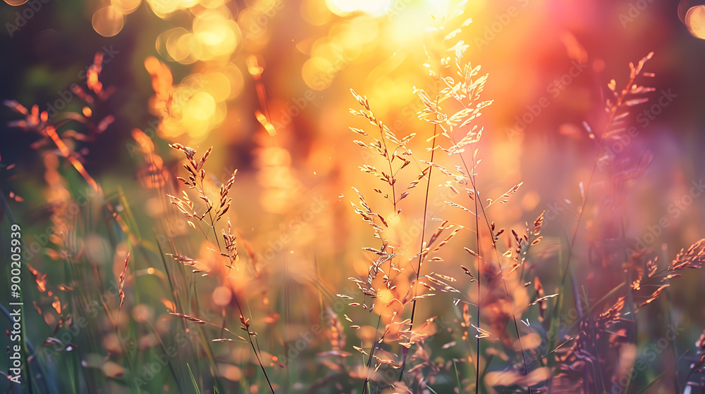 Poster wild grass in the forest at sunset. macro image, shallow depth of field. abstract summer nature back