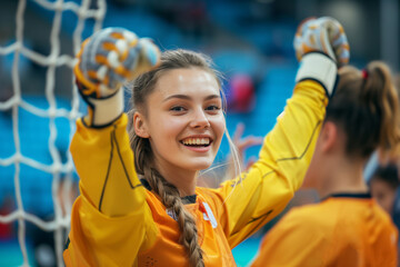 A Triumphant Handball Goalkeeper Celebrates Victory With a Raised Fist