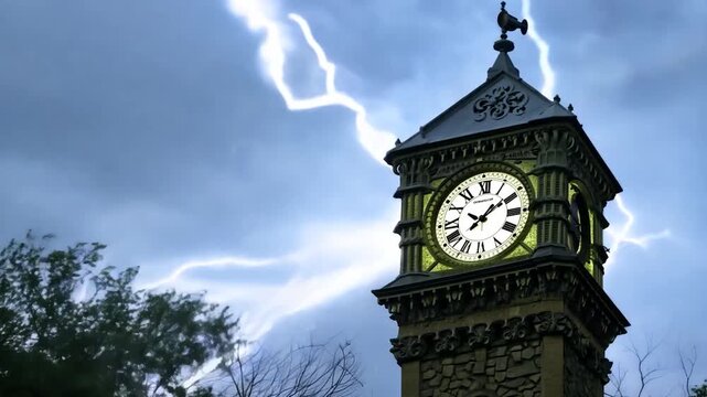 Lightning illuminates the sky as it strikes near a historic clock tower during a storm at dusk, creating a captivating and atmospheric scene