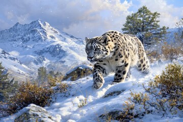 Fototapeta premium A majestic snow leopard prowling through a snowy mountain landscape under a partly cloudy sky, showcasing its natural beauty and grace.
