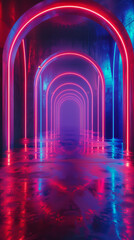 Abstract neon light corridor with reflection
