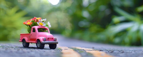 Miniature red truck with colorful flowers, summer vibe
