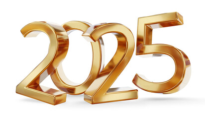 golden metallic year 2025 symbol, isolated, 3d-illustration