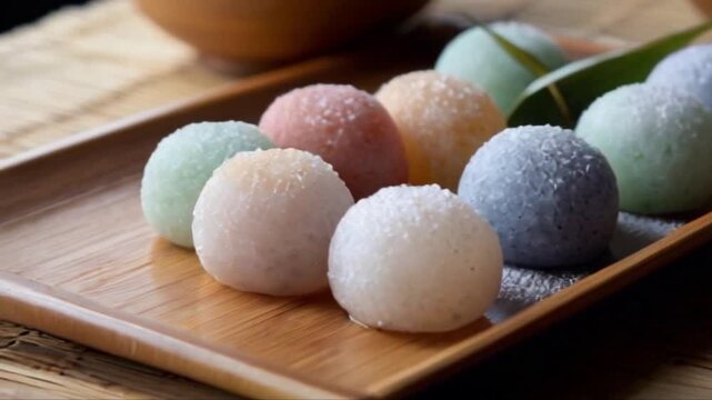 Three balls of mochi with sugar on top. Each piece glistens, showing off their texture. The dango is on a Japanese plate with a bamboo skewer. This photo shows how beautiful and tasty the dango is.