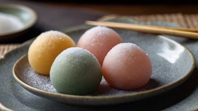 Three balls of mochi with sugar on top. Each piece glistens, showing off their texture. The dango is on a Japanese plate with a bamboo skewer. This photo shows how beautiful and tasty the dango is.