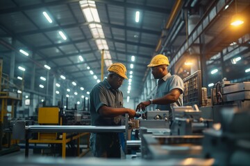 Obraz premium Two Engineers Collaborating on Machinery in a Well-Lit Industrial Factory