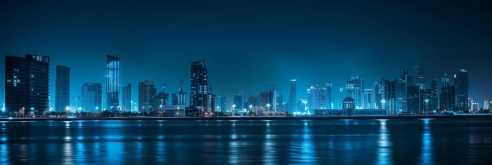 night, skyline, panoramic, ultra wide angle, very clean, front view, government wide buildings, hospital, school, minimalism, black and blue, horizon 