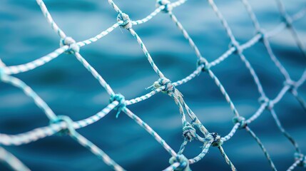 Fototapeta premium Intimate Macro View of Fishing Nets on Deck with a Blue Bokeh Background, Highlighting the Detailed Texture of Rope and Netting