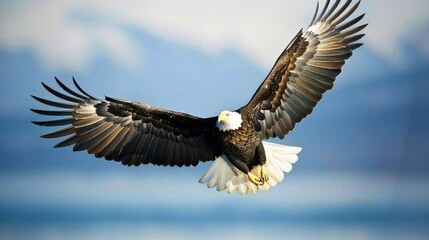 Naklejka premium majestic bald eagle soaring gracefully through the air, wings fully spread against a clear blue sky, with this inviting photo.
