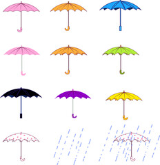 A set of umbrellas of different colors and a little rain. Vector illustration umbrellas side view. umbrellas with outlines of different colors. Autumn set of umbrellas with red spots