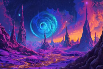 Fototapeta premium A surreal alien landscape with tall rock formations and a glowing blue ring in the sky