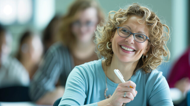 Smiling middle-aged woman taking notes during an evening class at a community college