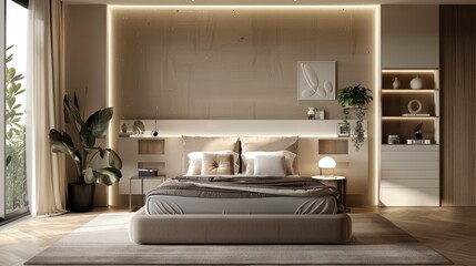 3D illustration of a light modern bedroom, featuring a big bed, practical shelving units, and a sleek bedside table, creating a sophisticated space with this inviting photo.