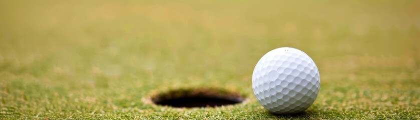 Golf ball rolling towards the hole, intense moment, pristine green surface, copy space for text