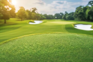 Fototapeta premium Aerial view of a golf course, detailed landscape, fairways, and greens