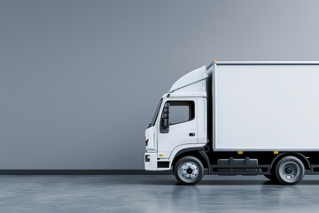 A white semi truck is parked in front of a gray wall