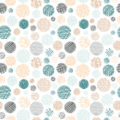 Vector seamless pattern of round geometric shapes. Simple texture of hand drawn curves, lines, spirals. Contemporary trend illustration. Doodle abstract background, wallpaper. Original concept design