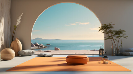 Zen space, Yoga retreat theme interior space in minimalist style, 3d illustration