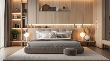 3D rendering of a modern bedroom interior with a big bed, modern shelving units, and a chic bedside table, creating a serene atmosphere with this inviting photo.