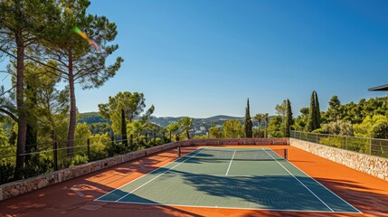 Tennis court surrounded by lush greenery and trees with a scenic background view