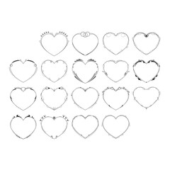 Set Abstract Collection Hand Drawn Frame Heart With Plants Doodle 14 February Holiday Concept Vector Design Outline Style On White Background Isolated Letter, Message, Mail, Cards, Posters