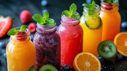 Fruit smoothies in bottles with fresh fruits and berries on dark background