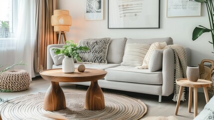 of a light living room with a cozy grey sofa and wooden coffee table, creating a welcoming and modern space with this inviting photo.