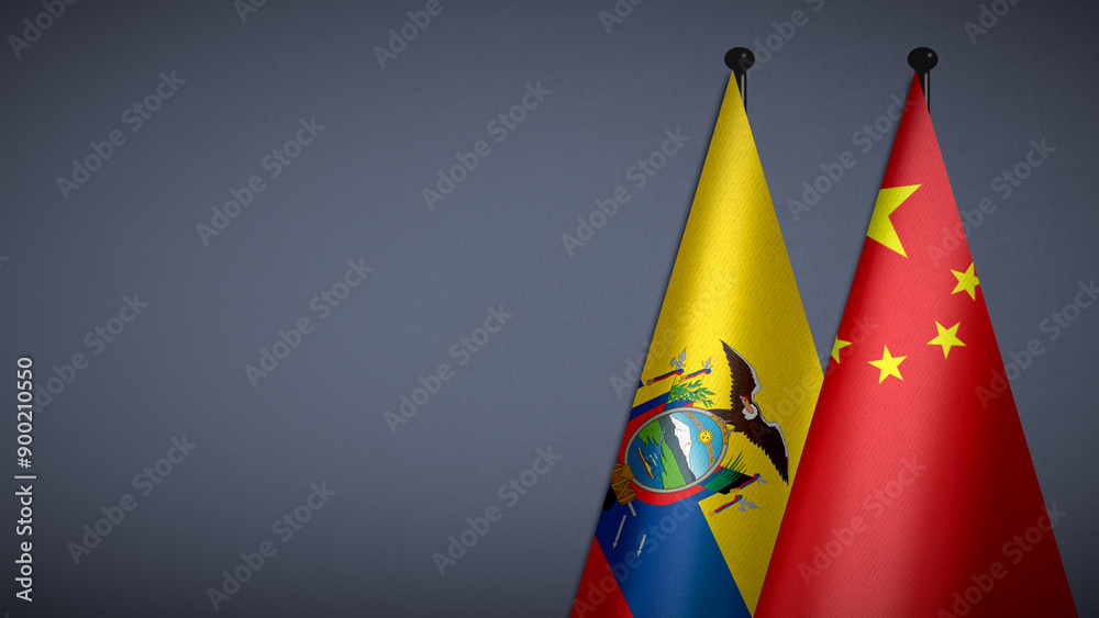 Wall mural 3d rendering of two flag from ecuador and china on flagpoles with gray background for diplomatic. bi