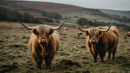 Scottish Highland Cows grazing in the South Wales Countryside, blurry backgound