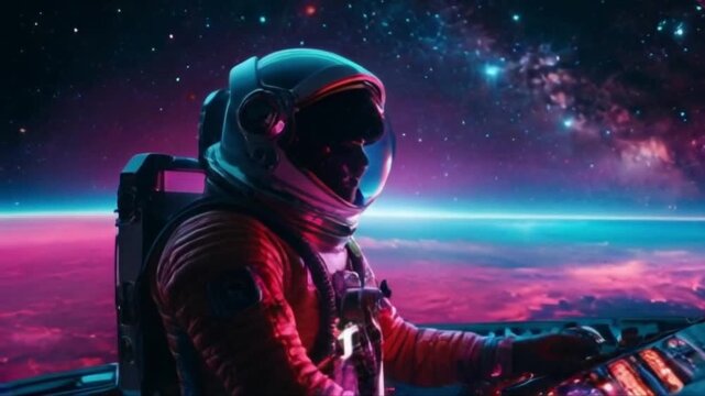A gleaming synthwave spaceship floats against the cosmic backdrop in a stunning photograph. The image captures the essence of exploring the unknown universe with its vivid colours and sleek surfaces