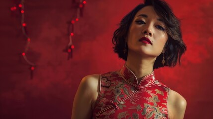 Adult Chinese Woman in Cheongsam Dress, Red Backdrop
