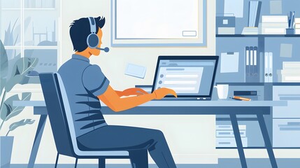 Focused Webinar Host Description: An Indian man wearing a headset sits at a desk, engaged in an online conference. His laptop screen glows with the interface of a webinar platform. The office 