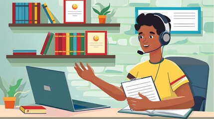 Professional Presentation Description: A young Indian man sits at his desk, holding a notebook and gesturing as if explaining something during an online presentation. His laptop is open, and 