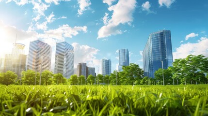 modern buildings in a modern city can be seen in the background with lush grass and a vibrant blue sky, photo realism, high quality, 